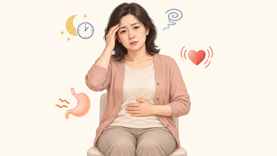 이마와 명치를 짚은 여성과 불면·어지럼·두근거림·소화불량을 나타낸 그림 기호