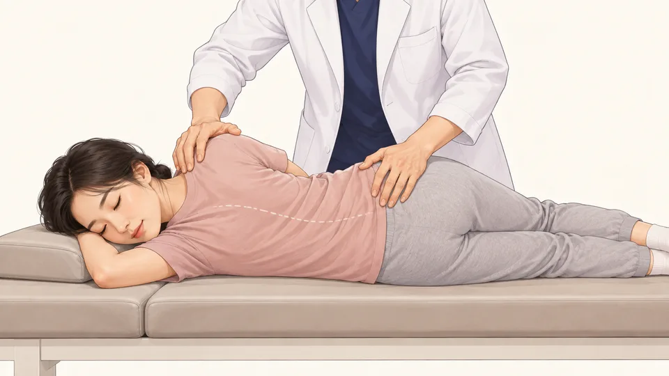 옆으로 누운 환자의 어깨와 골반에 두 손을 얹고 척추 정렬을 부드럽게 조정하는 김제명 원장