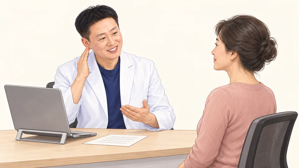 상담 책상에서 귀와 어깨를 잇는 바른 자세를 손으로 설명하는 김제명 원장