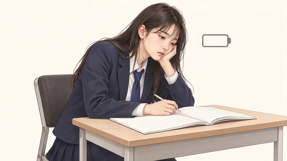 책상에 턱을 괴고 지친 교복 여학생과 빈 배터리 표시