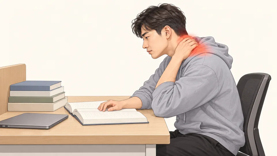 책을 쌓아 둔 책상에서 뒷목과 어깨를 주무르는 성인 수험생, 목·어깨 통증 표시