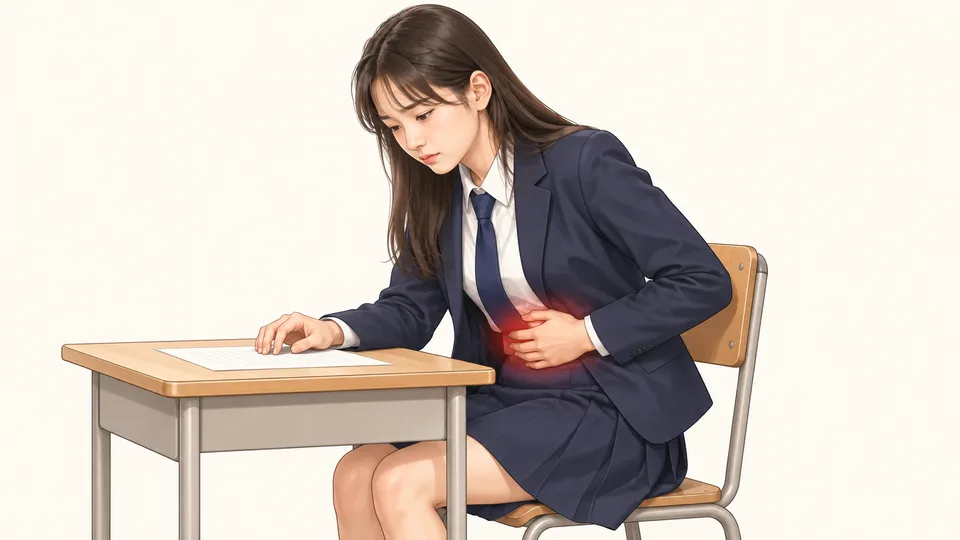 시험지 앞에서 아랫배를 짚은 교복 여학생