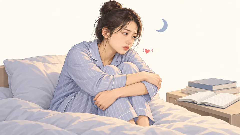 밤에 침대에 앉아 잠들지 못하는 재수생과 두근거림 표시