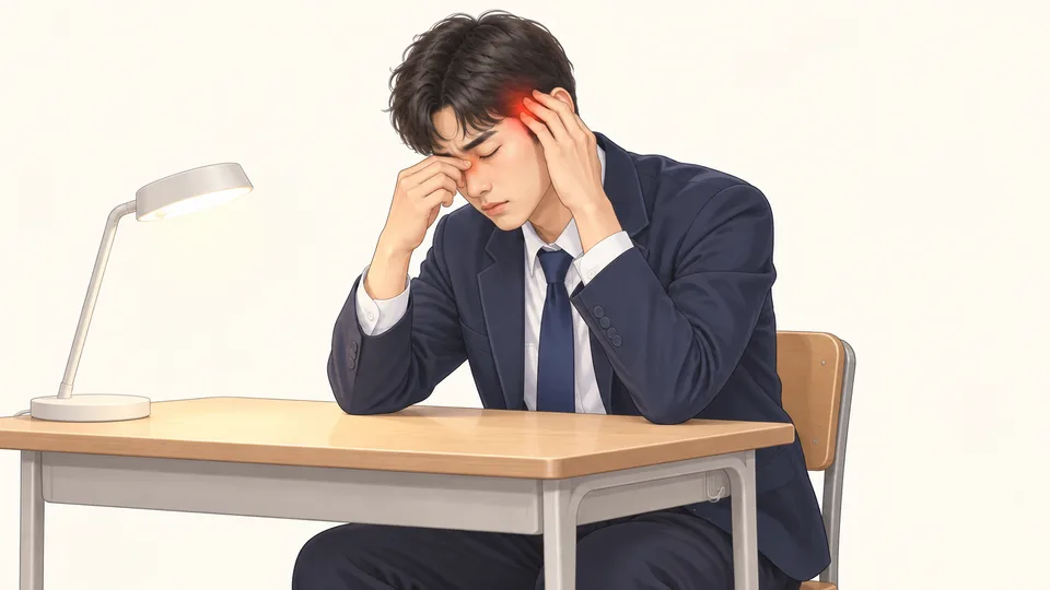스탠드 아래에서 눈과 관자놀이를 누르는 교복 남학생