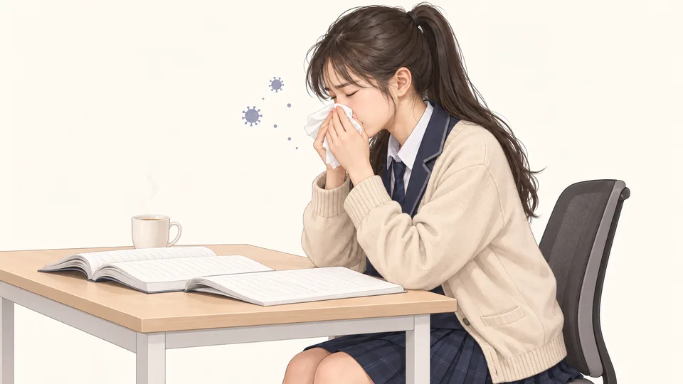 책상 앞에서 휴지로 코를 막은 교복 여학생과 따뜻한 차