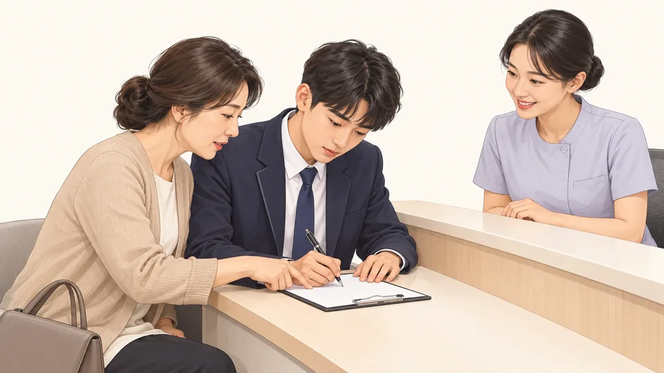 어머니와 교복 학생이 접수대에서 문진표를 작성하는 모습