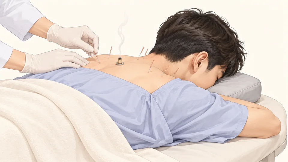 엎드린 학생의 목과 어깨에 침을 놓고 등에 뜸을 올린 장면