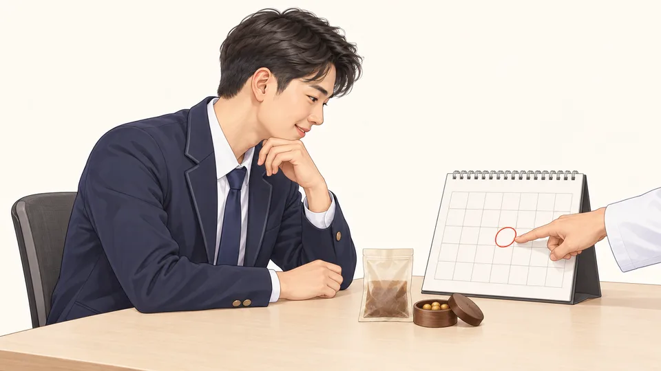 시험 날을 표시한 달력과 한약·환, 안심한 표정의 교복 학생