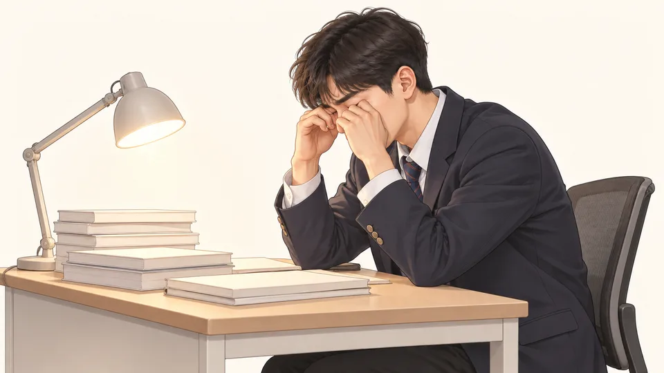 밤늦게 책상에서 눈을 비비는 교복 차림의 수험생