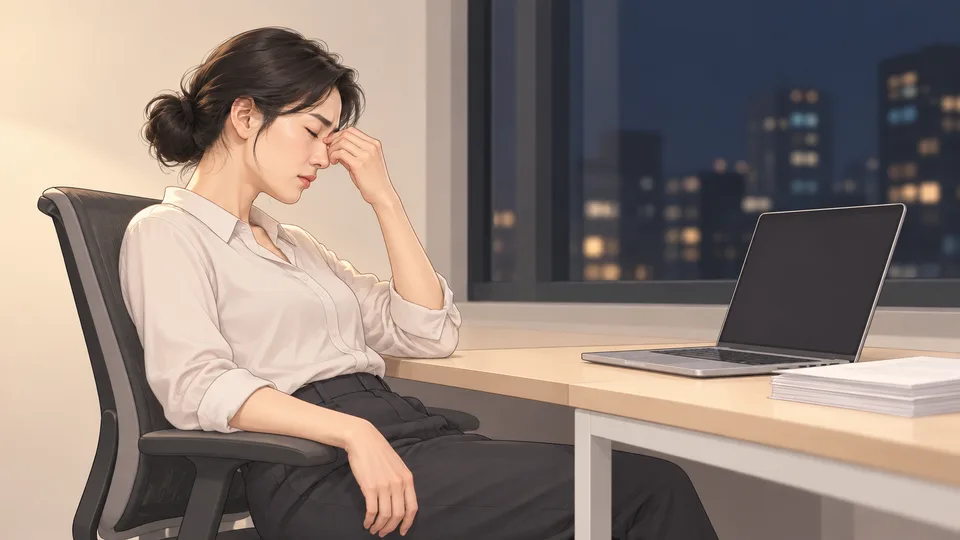 야근 중 의자에 기대 눈가를 누르는 직장인
