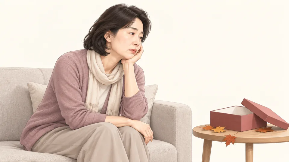 낙엽과 빈 명절 선물상자 옆 소파에 앉아 지친 여성