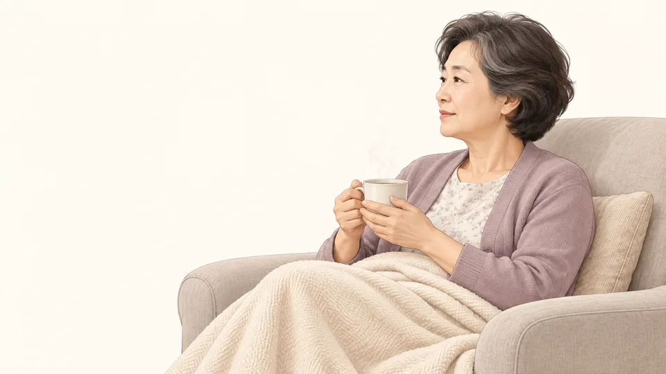 집 안락의자에서 담요를 덮고 따뜻한 차를 마시며 쉬는 여성