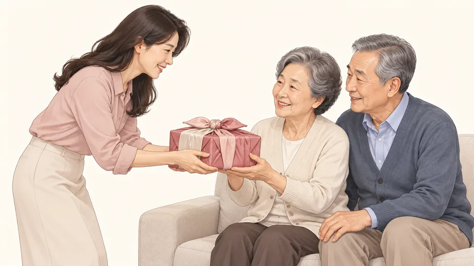 보자기로 싼 선물을 부모님께 건네는 딸