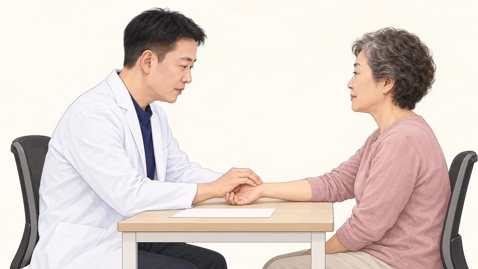 김제명 원장이 옆모습으로 환자의 맥을 짚는 장면