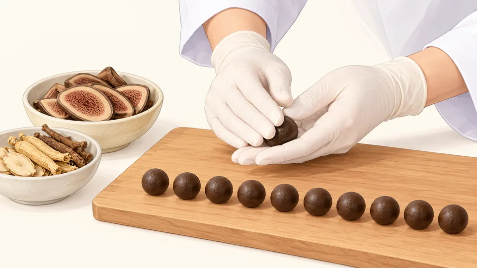 장갑을 낀 손으로 공진단 환을 빚는 장면과 녹용·약재