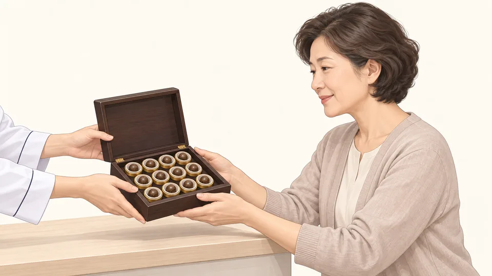 공진단 상자를 두 손으로 받는 환자