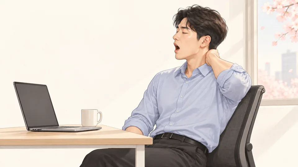 오후 사무실에서 하품하며 목을 주무르는 직장인