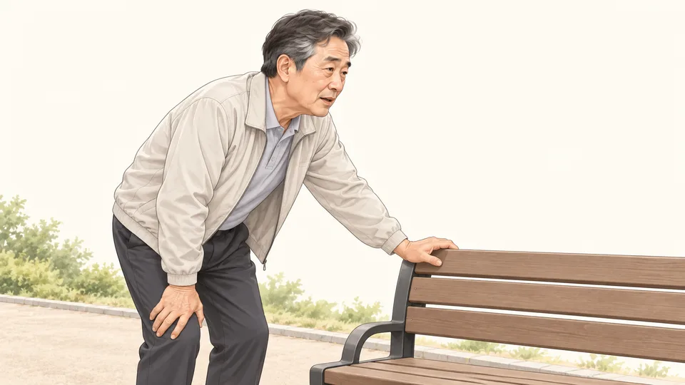 산책길 벤치에 손을 짚고 숨을 고르는 어르신
