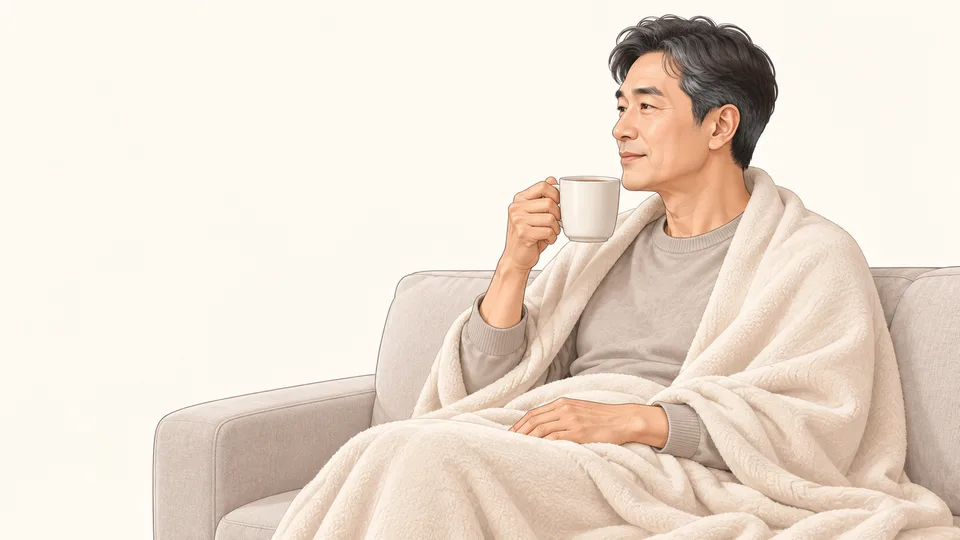 집 소파에서 담요를 덮고 따뜻한 차를 마시며 쉬는 남성