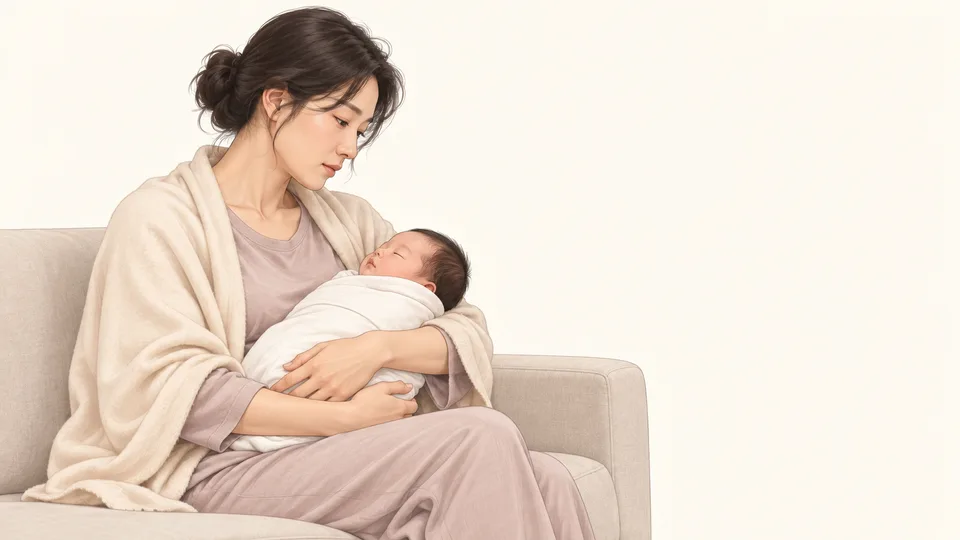 신생아를 안고 소파에서 쉬는 산모