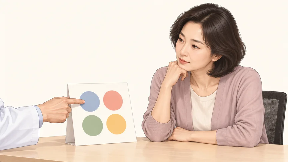 체질 그림 카드를 보며 상담받는 여성