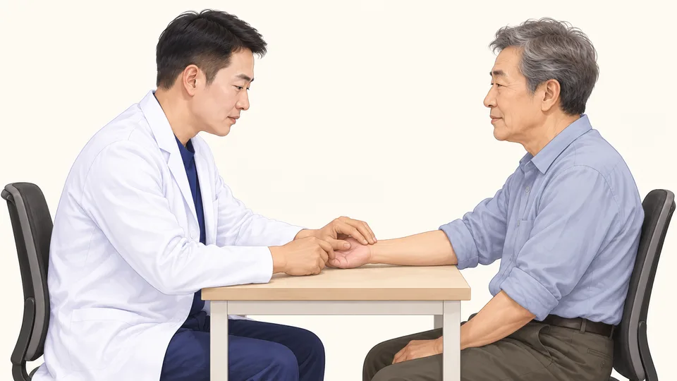 김제명 원장이 옆모습으로 환자의 맥을 짚는 장면