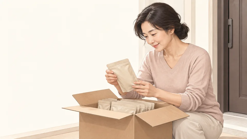 현관에서 한약 택배를 열어 확인하는 여성