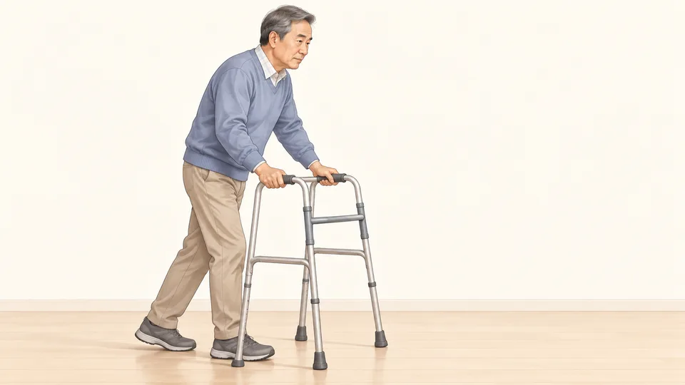 보행기를 잡고 천천히 걷기 연습을 하는 어르신