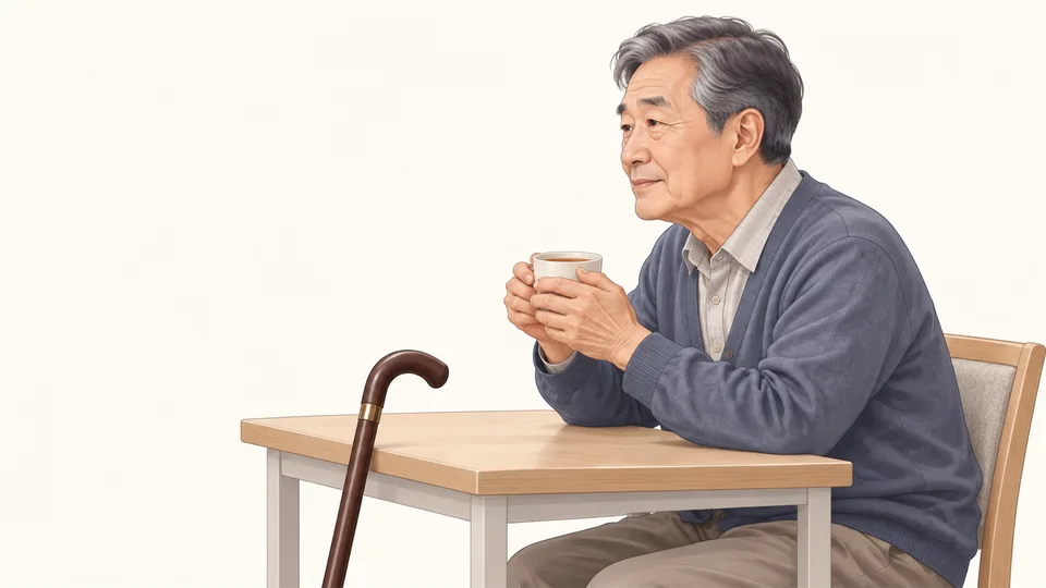 두 손으로 찻잔을 조심스럽게 감싸 쥔 어르신과 탁자에 기댄 지팡이