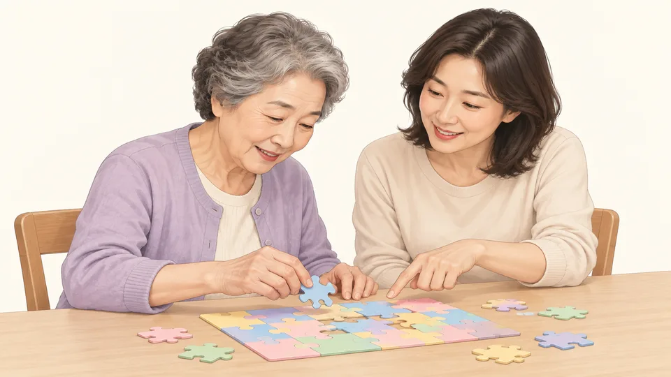 식탁에서 퍼즐을 맞추는 할머니와 곁에서 함께하는 딸