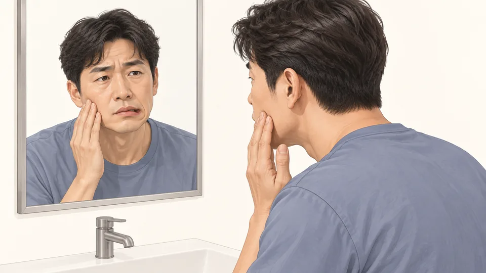 거울을 보며 한쪽 볼을 짚는 40대 남성