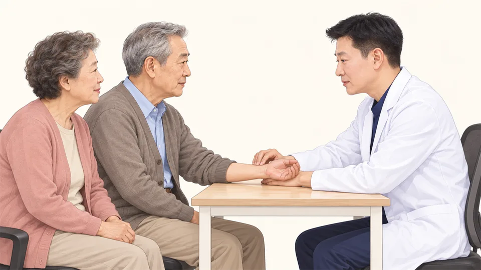 김제명 원장이 옆모습으로 어르신의 맥을 짚고 곁에 배우자가 앉은 장면