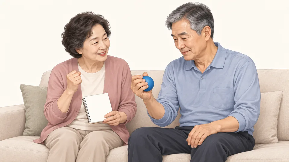 집에서 재활 공을 쥐는 어르신과 곁에서 응원하는 배우자