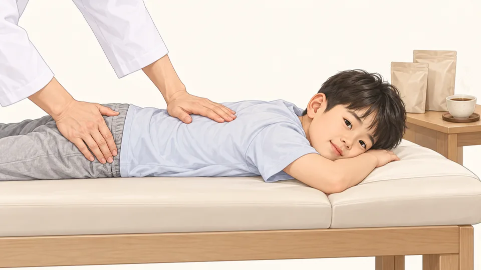 치료 침대에 엎드린 아이의 등과 골반을 의사 손이 짚고, 옆 탁자에 한약 파우치와 한약 한 잔이 놓인 장면