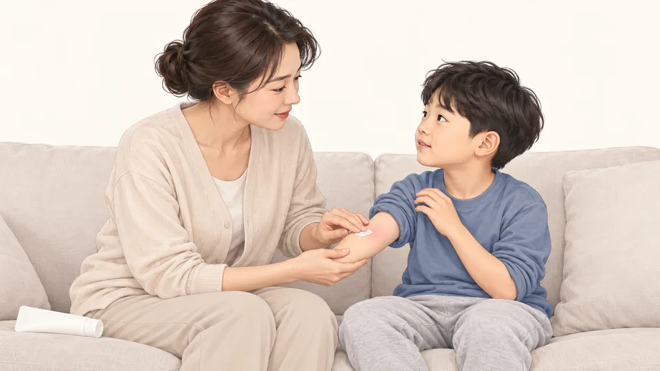 엄마가 아이 팔 안쪽에 보습제를 발라 주고, 아이는 긁으려던 손을 멈춘 장면