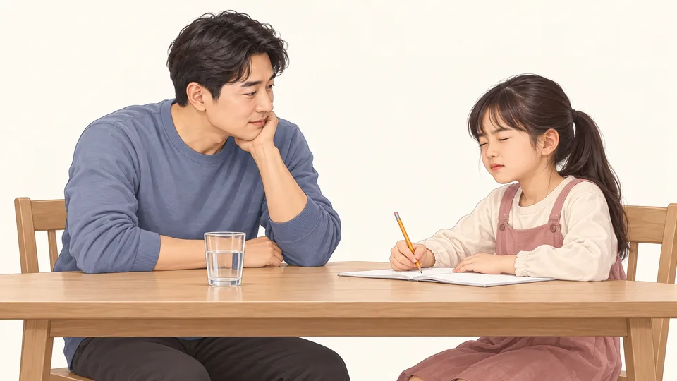 식탁에서 숙제하다 눈을 꼭 감았다 뜨는 아이와 맞은편에서 차분히 지켜보는 아빠