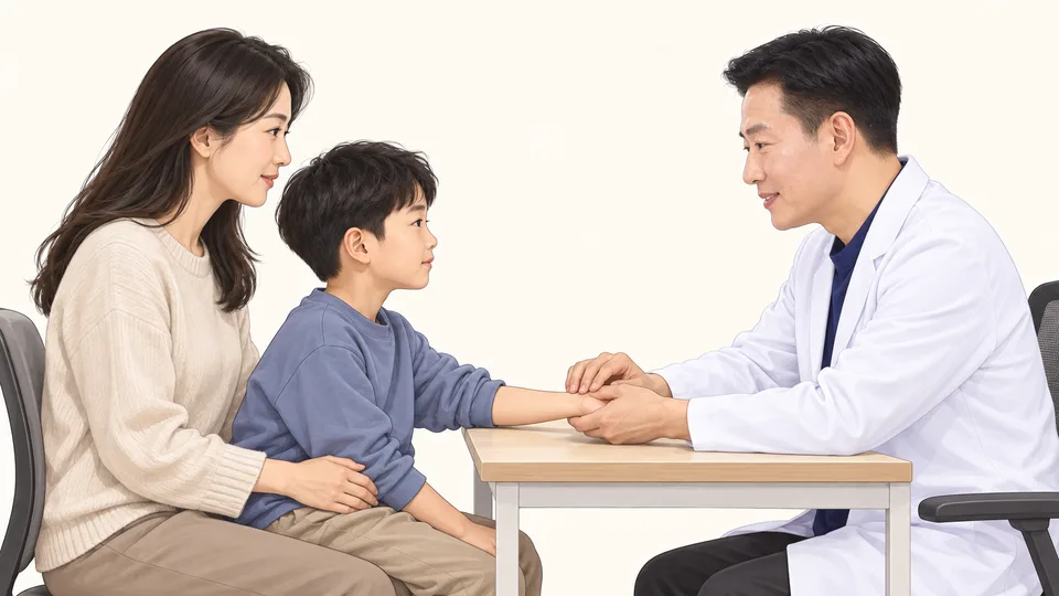 김제명 원장이 옆모습으로 엄마와 함께 온 아이의 맥을 짚는 장면