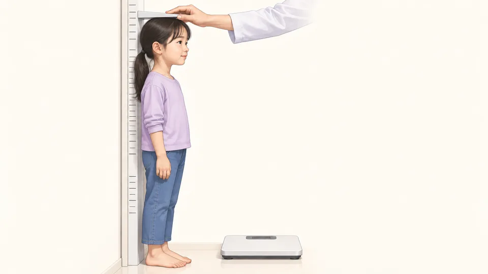 키 측정대에 선 아이의 머리 위로 의사 손이 측정판을 내리는 장면