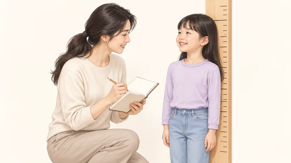 집에서 키재기 눈금 앞에 선 아이 옆에서 엄마가 성장노트에 기록하는 장면