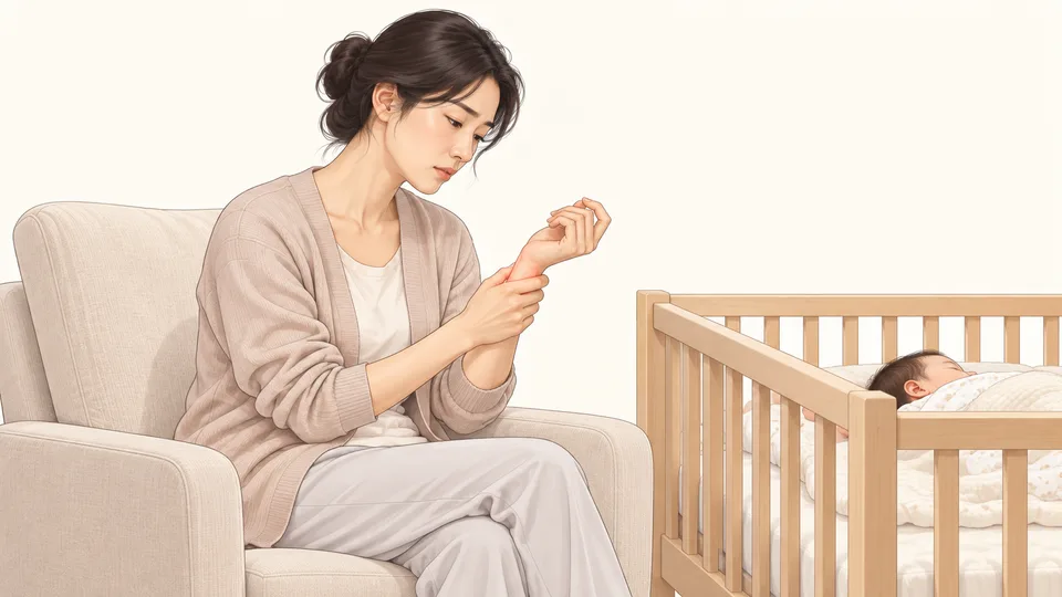 아기 침대 옆 의자에서 손목을 짚으며 아파하는 산모