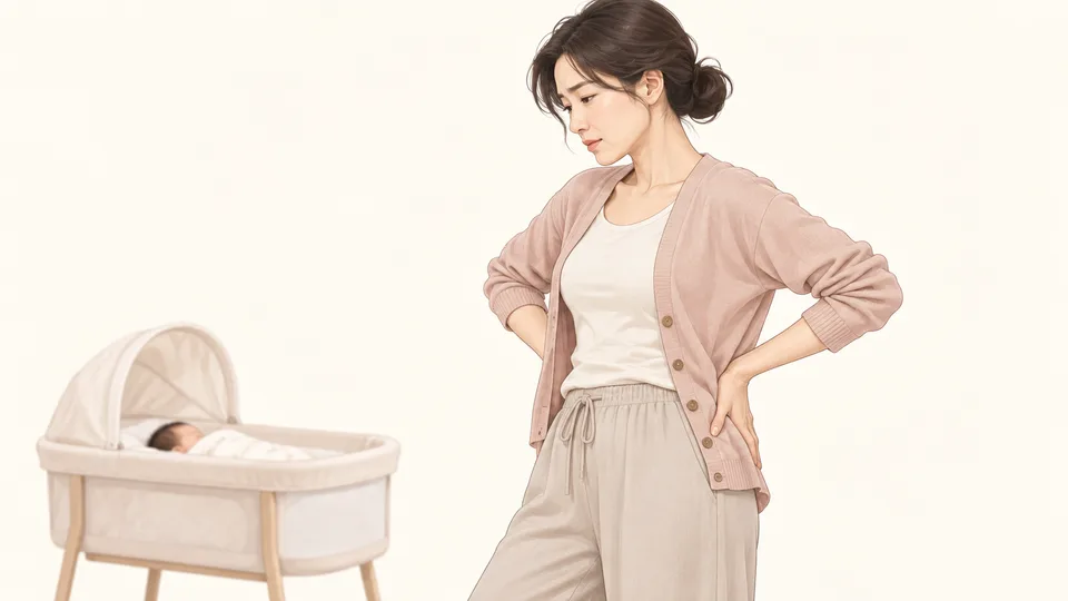 아기 바구니 옆에 서서 두 손으로 허리와 골반을 짚는 산모