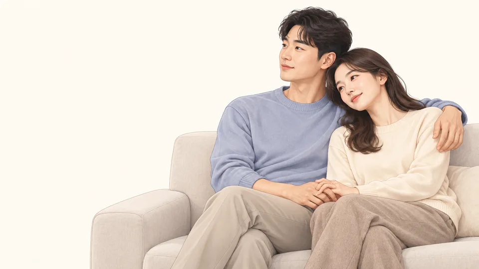 소파에 기대 앉아 손을 잡은 부부