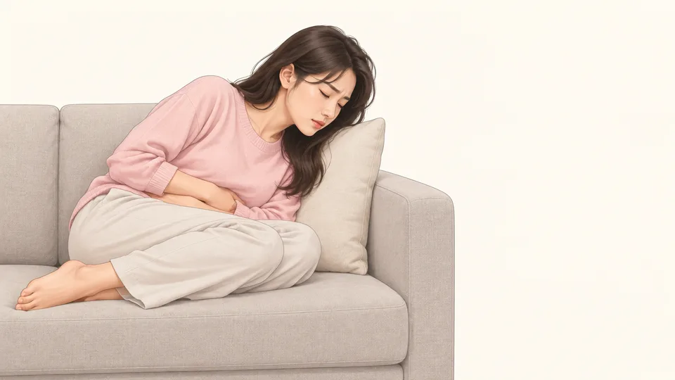 소파에 웅크려 누워 배를 감싼 여성