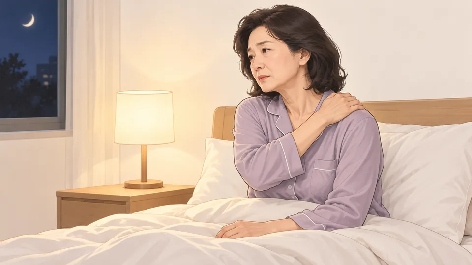 밤에 침대에 앉아 어깨를 짚는 50대 여성