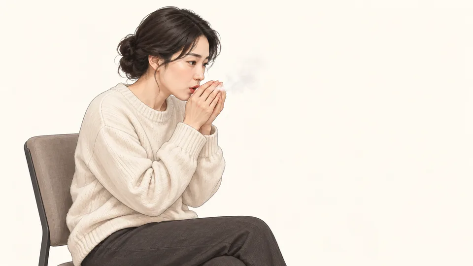 두 손을 모아 입김을 부는 여성