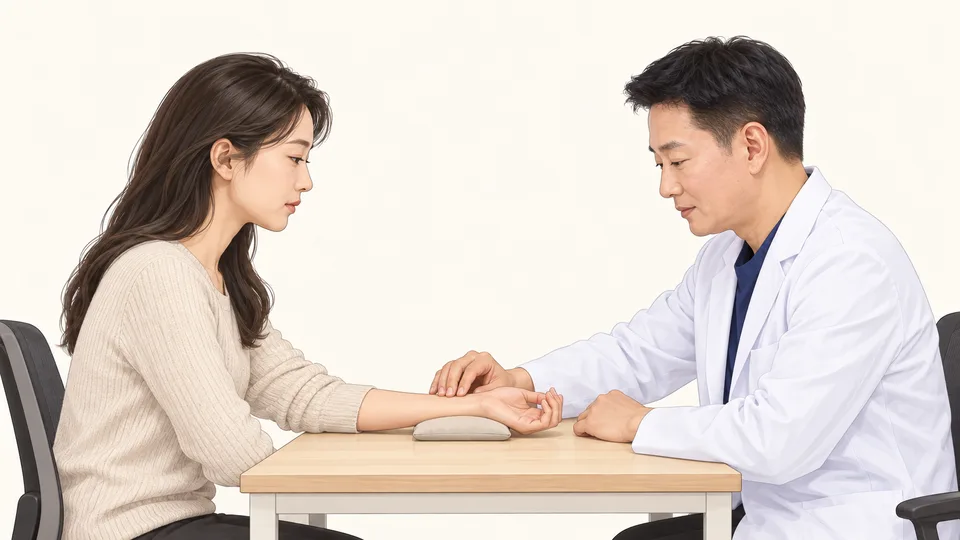 김제명 원장이 옆모습으로 여성 환자의 맥을 짚는 장면