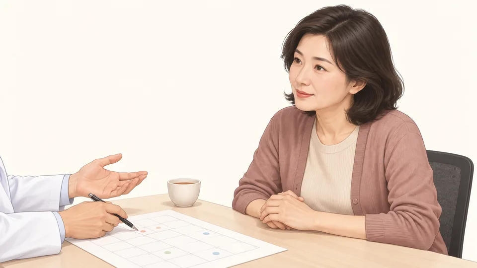 진료 책상에서 치료 일정표를 가리키며 설명을 듣는 40대 여성