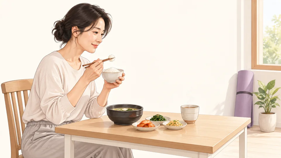 집에서 따뜻한 한식 아침을 먹는 여성