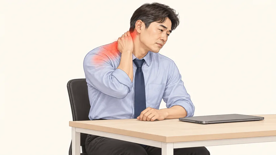 책상 앞에서 뻣뻣한 목 뒤를 잡은 남성, 목에서 어깨로 이어지는 통증 표시