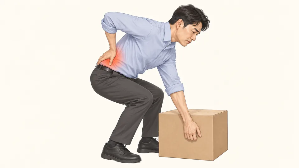 상자를 들다 멈추고 허리를 짚은 남성, 허리 통증 표시
